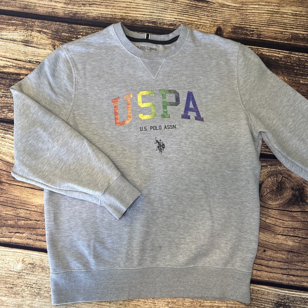 US Polo Assn Sweatshirt Mens Large Gray Rainbow Logo Crewneck Fleece Pullover